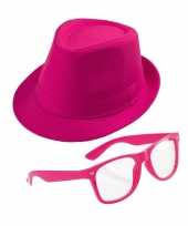 Roze verkleedset trilby hoed met zonnebril