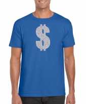 Zilveren dollar gangster verkleed t-shirt carnavalskleding blauw heren